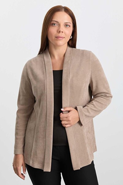 Selen Giyim Büyük Beden Fitilli Yakası Katlamalı Kadife Ceket / VİZON