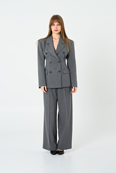 Thalure Kadın Gri Pens Detaylı Çizgili Blazer