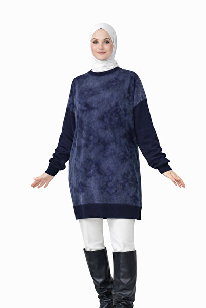 MODASPARK Navy Blue Silk Kupra Slit Mercerized Women's Knitwear Tunic