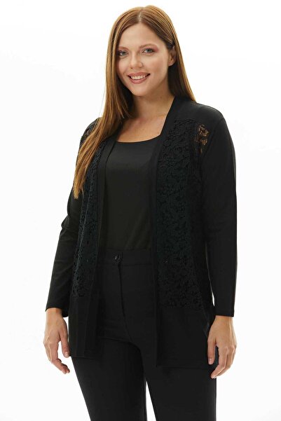 Selen Giyim Büyük Beden Önü Dantel Kombinli Penye Hırka / SİYAH