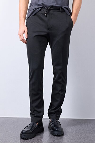 Justboga بنطلون رياضي أسود مريح ومرن برباط وحياكة إنترلوك بقصة عادية