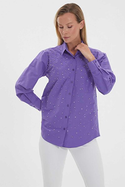 Genel Markalar Gömlek Yaka Önü Taşlı Uzun Kol Bluz / MOR