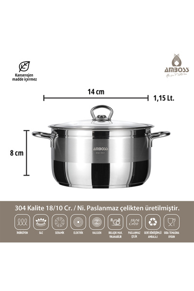 Amboss Oală adâncă din oțel inoxidabil Saphire cu capac din sticlă - 14 cm