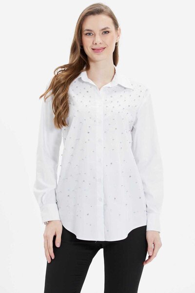 Selen Giyim Gömlek Yaka Önü Taşlı Uzun Kol Bluz / BEYAZ