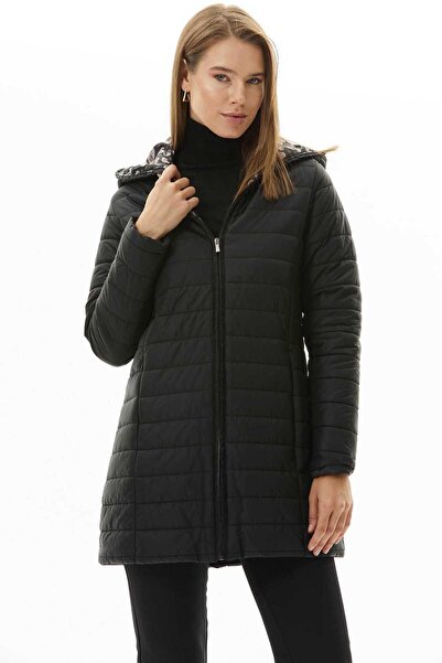 Selen Giyim Kapüşonlu Şal Desen Astarlı Kapitone Mont / SİYAH