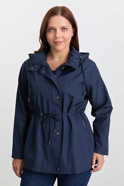 Selen Giyim Büyük Beden Beli Büzgülü Kapüşonlu Trençkot / LACİVERT