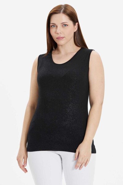 Selen Giyim Büyük Beden Önü Sim Varaklı Kolsuz Penye Bluz / SİYAH