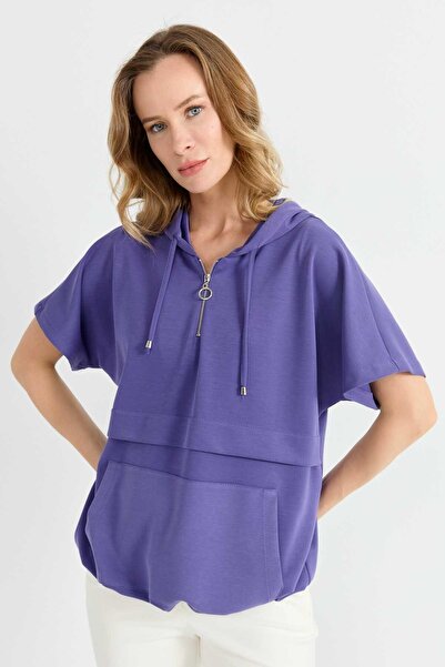Selen Giyim Kendinden Kapüşonlu Kanguru Cep Bluz / MOR
