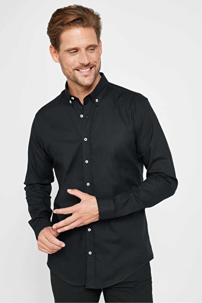 Tudors Μαύρο Slim Fit Oxford βαμβακερό πουκάμισο - γιακάς με κουμπιά