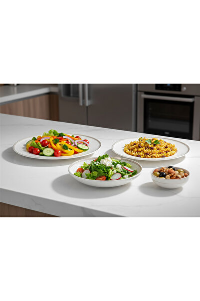 İpek Porselen 6 Kişilik Ufo Form Krem Emboss Desenli Burcu 24 Parça Yemek Takımı