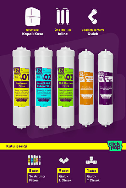 Click Flop 5'li Su Arıtma Filtre Seti, Membransız, Mineral Filtreli, Kapalı K...
