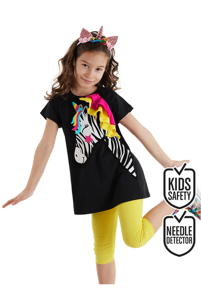 Denokids Set de vară pentru fete Zebracorn, negru, galben, cu volane, tricou,...