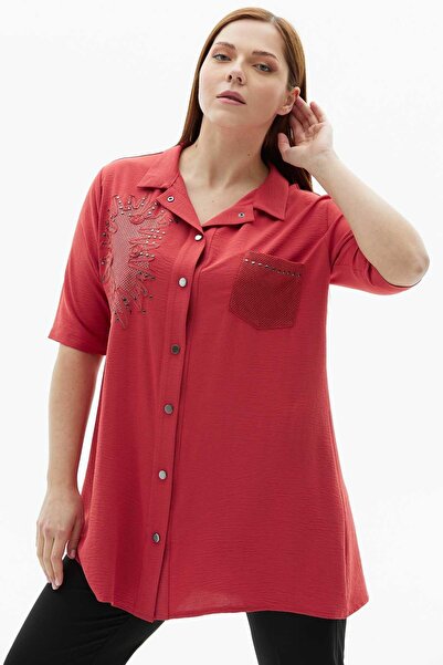 Selen Giyim Büyük Beden Yanı File Kombinli Çıtçıtlı Bluz / MERCAN