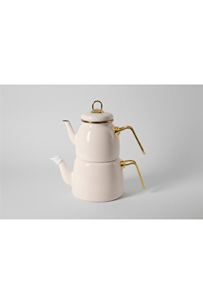 İpek Porselen Pure Cream Krem Renk Emaye Çaydanlık Takımı – İkili Gold Saplı