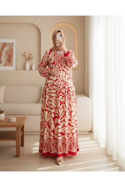 Modamorfo Women's Red Beige Viscose Hijab Dress 2423