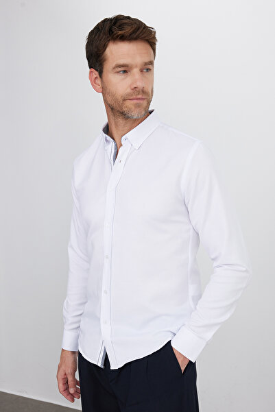 Tudors Slim Fit hosszú ujjú gombos galléros pamut Easy Iron tömör férfi ing