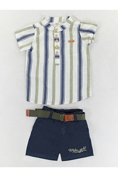 Midimod Set 3 piese pentru bebelusi baietel, camasa bleumarin, pantaloni scur...