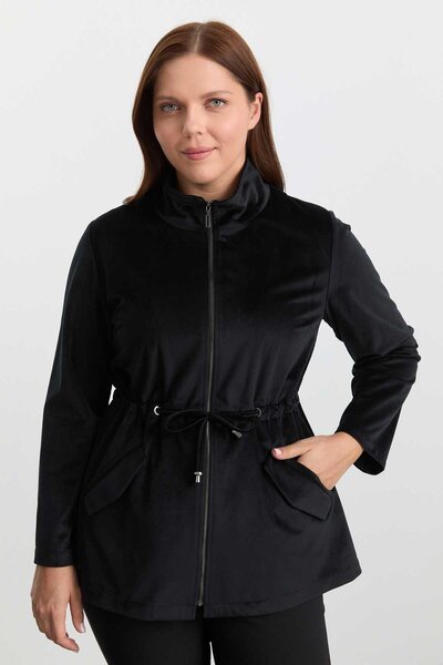 Selen Giyim Büyük Beden Dik Yaka Beli Büzgülü Kadife Ceket / SİYAH