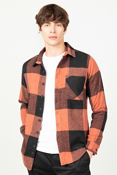 Tudors Slim Fit Uzun Kollu Kareli Tek Cepli Kışlık Oduncu Erkek Siyah Gömlek