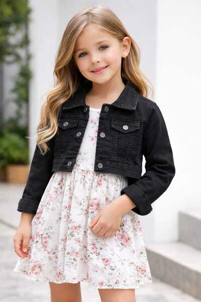 Yalçınoğlu Kids Girl's Cropped Denim Jacket |   Black I Mini Style Owners I C...