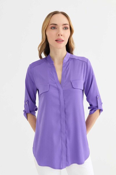 Selen Giyim Hakim Yaka Kapak Cep Bluz / MOR