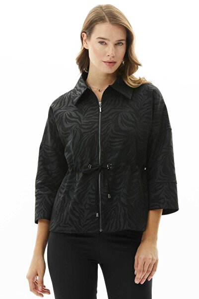 Selen Giyim Beli Büzgülü Zebra Desen Ceket / SİYAH