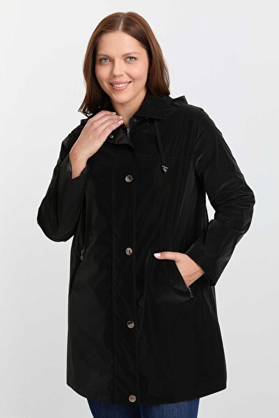 Selen Giyim Büyük Beden Önü Fermuarlı Çıtçıtlı Trençkot / SİYAH
