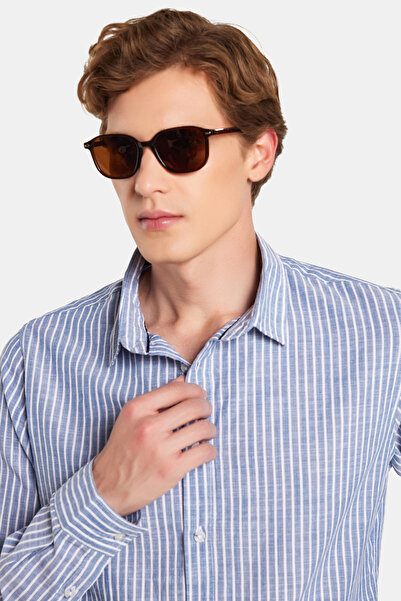 Tudors Erkek Slim Fit Dar Kesim Uzun Kollu %100 Pamuk Keten Doku Çizgili Gömlek