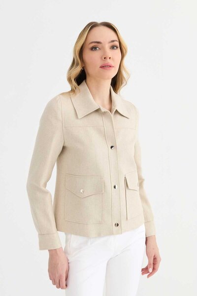 Selen Giyim Dıştan Cep Çıtçıtlı Kendinden Simli Ceket / BEJ