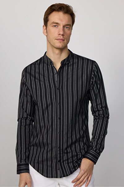 Tudors Slim Fit Uzun Kollu Hakim Yaka Pamuklu Kolay Ütü Çizgili Siyah Erkek G...