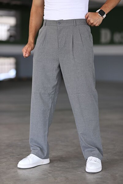 Bürke Σχολικό γράσο γκρι διπλό πλισέ - Άνετο φαρδύ φαρδύ παντελόνι με ελαστικ...