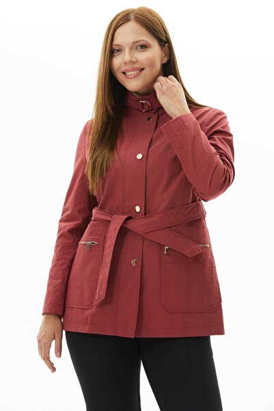 Selen Giyim Büyük Beden Yaka Tokalı Cebi Fermuarlı Trençkot / KİREMİT