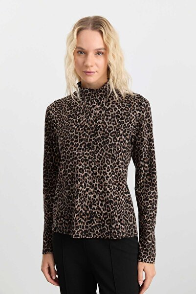 Selen Giyim Yarım Balıkçı Uzun Kol Leopar Desen Bluz / KAHVE