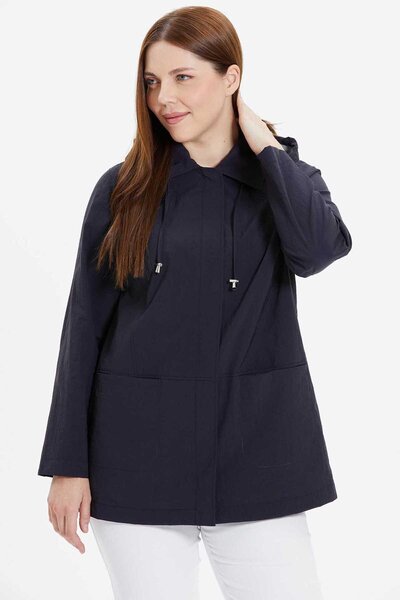 Selen Giyim Büyük Beden Kapüşonlu Önü Fermuarlı Trençkot / LACİVERT