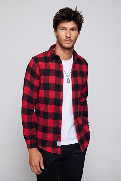 Tudors Erkek Slim Fit Dar Kesim Uzun Kollu Kareli Kışlık Oduncu Gömlek