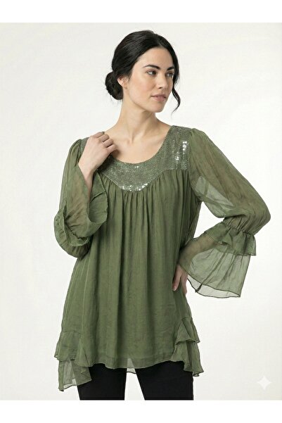 della moor Bluză din amestec de mătase cu paiete din guler italian kaki