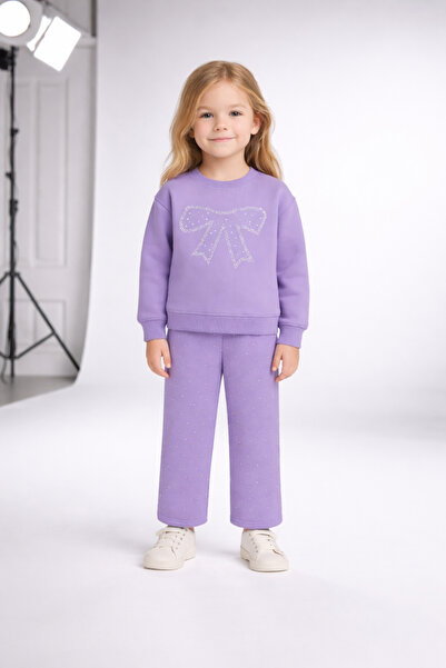 Lumino Girl's Stoned Bow Set Lilac – Sweat & Pants 3-8 Years