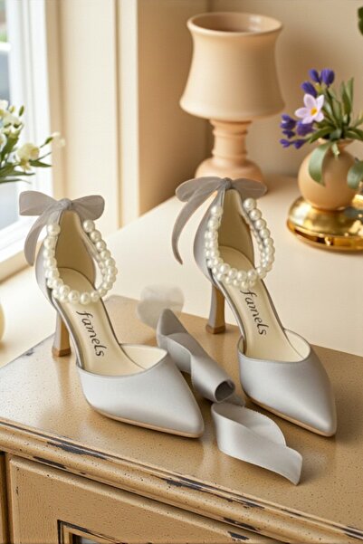 Famels Сребърни сатенени обувки с нисък ток Перлени обувки за глезена Сребърн...