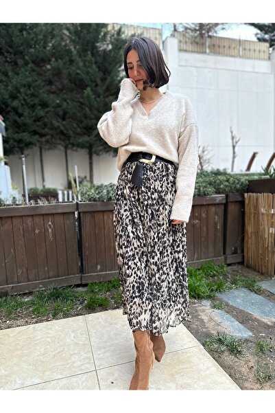 nidistore Women's Leopard Print Belted Midi Skirt