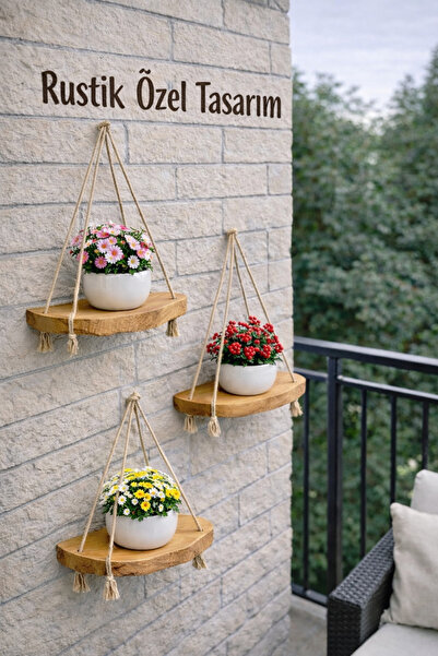 GenelTedarik 3'lü Set Doğal Ahşap Kütük Jüt İpli Rustik Dekoratif Duvar Rafı ...