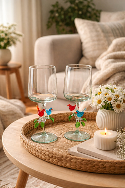 ADAMODART Mavi & Kırmızı Kuş Murano Cam Dekorlu Tasarım Ayaklı Kokteyl Sunum ...