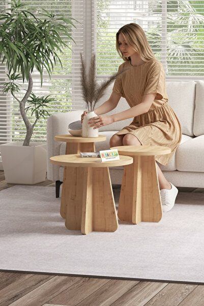 MİRACLE 3D Mantar 3'lü Zigon Sehpa düz model Safir Meşe