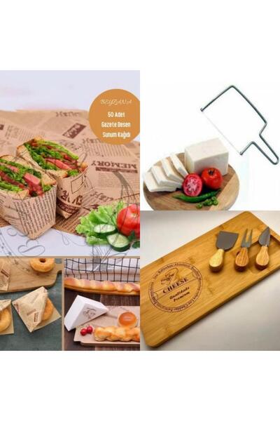 ALVERA HOME Peynir Sunum Seti - Bambu Tahta +Peynir Dilimleme Teli + 50'li Vi...