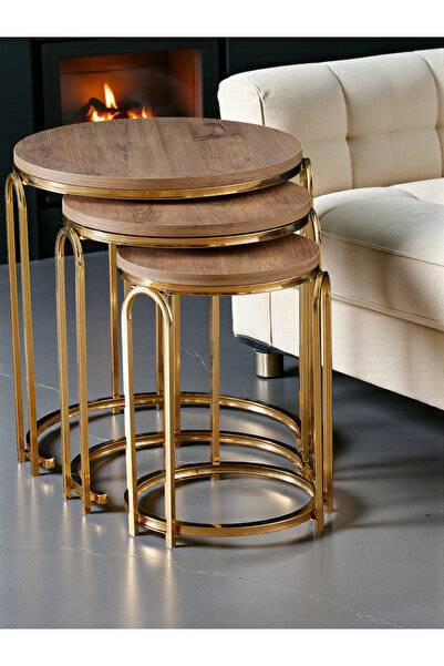 SEDAŞ LIVING UNITS Lenka Zigon Sehpa Takımı Yuvarlak 3'lü Gold Metal - Açık C...