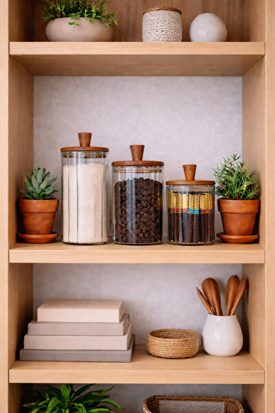 Paşabahçe 3 Boy Akasya Kapaklı Çizgili Cam Saklama Baharat Kavanozu (420ml+33...