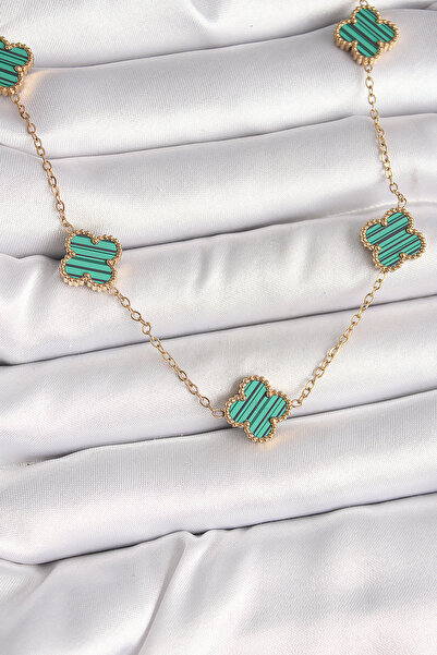 Skygo 316L Steel Gold Color Chain Green Clover Model Women's Necklace - Tj-Bk...