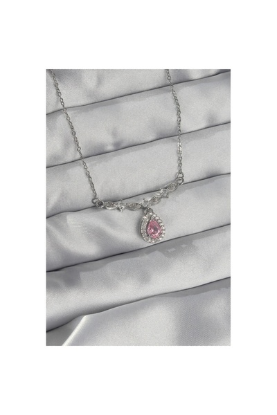 Skygo قلادة متدلية من الفولاذ باللون الفضي مع حجر الزركون الوردي 316L - TJ-BK...