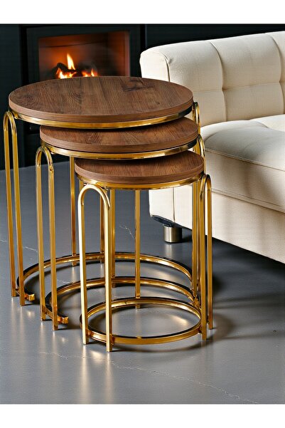 SEDAŞ LIVING UNITS Lenka Zigon Sehpa Takımı Yuvarlak 3'lü Gold Metal -Koyu Ce...