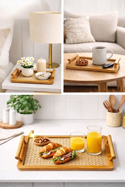 NEWNOW Boho Maison Set of 3 Hazeranli Wooden Trays – Natural Wicker Look Serv...