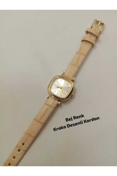 QUARTZ ساعة يد نسائية كلاسيكية بتصميم عتيق، موديل ريترو، لون بيج، حزام بنمط ج...